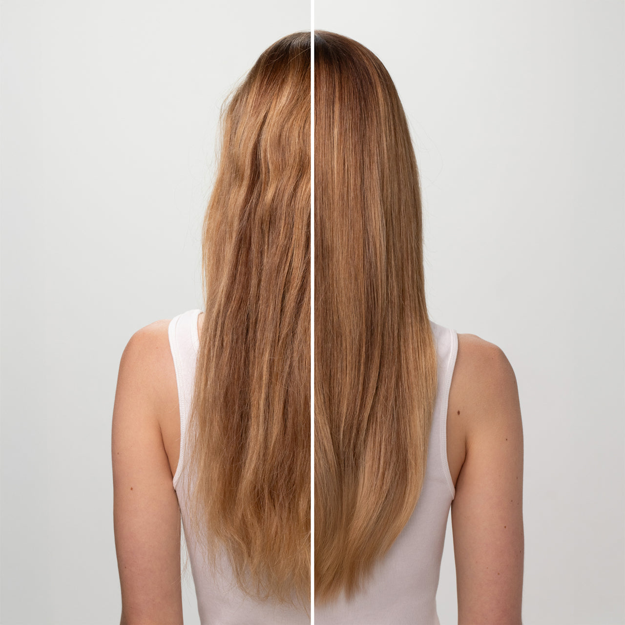 Before and after comparison from behind showing improved hair strength and shine after using KITSCH Rice Water Protein Shampoo and Conditioner