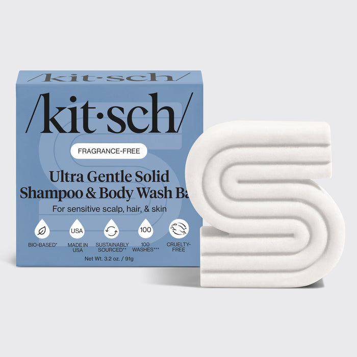 Kitsch ultra gentle solid shampoo & body wash bar with packaging on a light gray background