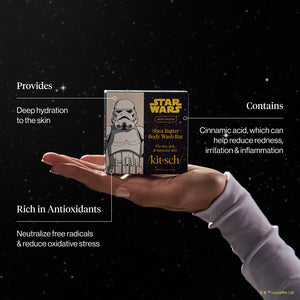 KITSCH Star Wars™ & Kitsch Shea Butter Moisturizing Solid Body Wash Stormtrooper Swirl — product infographic — Super-hydrating formula moisturizes your skin for mission-ready smoothness — reduces single-use plastic: saves two bottles of liquid body wash