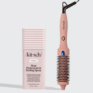 Kitsch Heat Protectant + Thermal Round Brush Bundle on a soft neutral background – spray and brush together