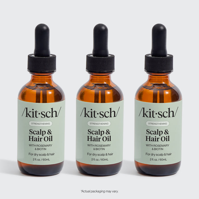 KITSCH Strengthening Rosemary & Biotin Scalp & Hair Oil 3-Pack — hero product shot — three 2fl oz./60mL bottles — 100% plant-based oil with rosemary extract and biotin — stock up and save
