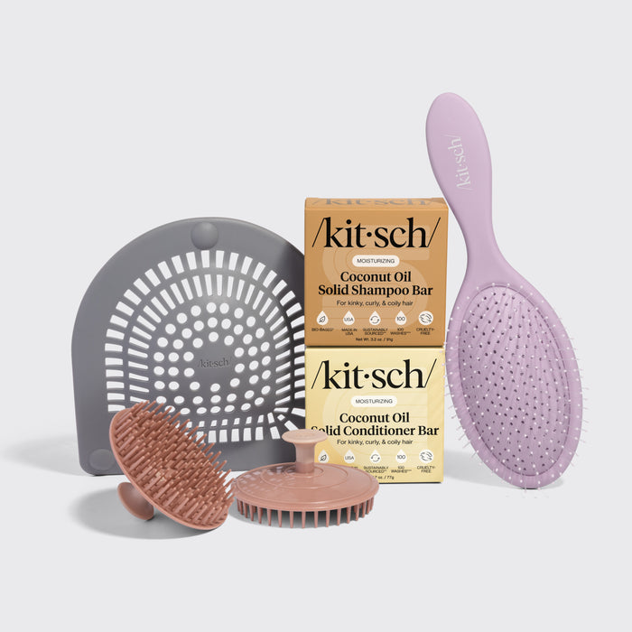 Spring Welcome Kit with Coconut Oil Shampoo Bar, Conditioner Bar, Soft Violet Wet/Dry Brush, Terracotta Scalp Exfoliator, and Hair Catcher by KITSCH