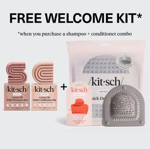 Free Summer Welcome Kit with Castor Oil Solid Shampoo and Conditioner Bars, plus a Quick-Dry Bath Mat, Recycled Plastic Cloud Clip, and Hair Catcher.