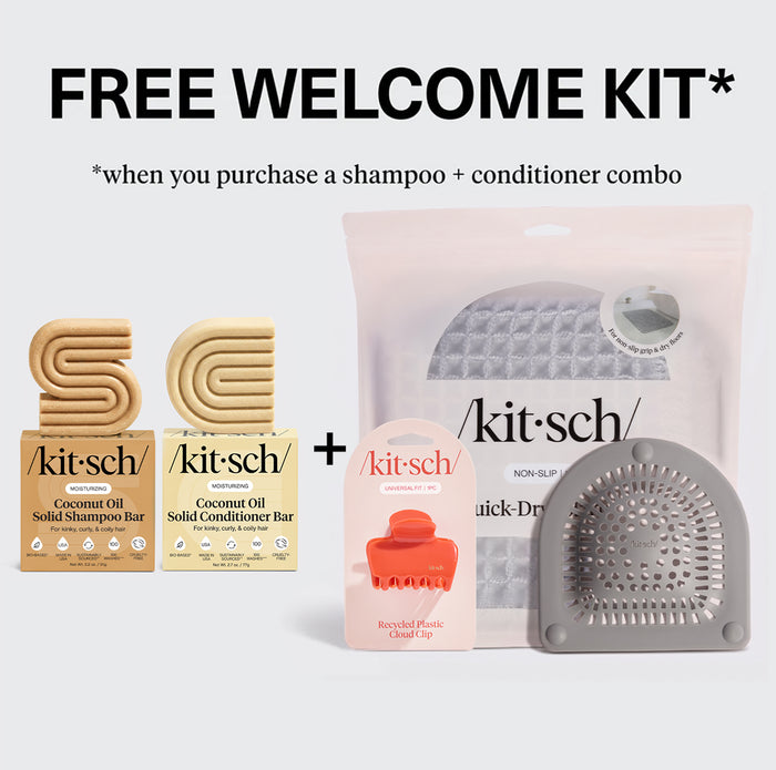 Free Summer Welcome Kit with Coconut Oil Solid Shampoo and Conditioner Bars, plus a Quick-Dry Bath Mat, Recycled Plastic Cloud Clip, and Hair Catcher.