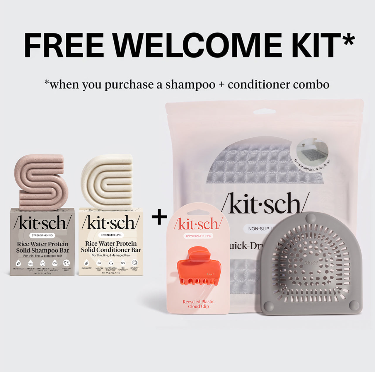 Free Summer Welcome Kit with Rice Water Protein Solid Shampoo and Conditioner Bars, plus a Quick-Dry Bath Mat, Recycled Plastic Cloud Clip, and Hair Catcher.