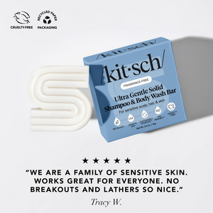 kitsch ultra gentle solid shampoo & body wash bar with packaging on a light gray background with a 5-star customer review at the bottom that reads "We are a family of sensitive skin. Works great for everyone. No breakouts and lathers so nice"