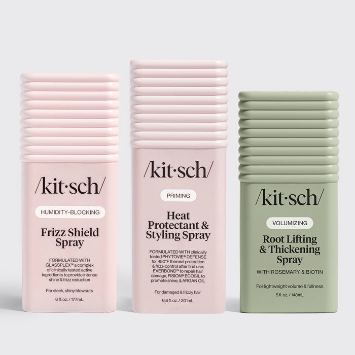 KITSCH Volume Control Bundle — product flat lay — Root Lifting Spray, Humidity-Blocking Frizz Shield Spray, and Heat Protectant Styling Mist — three-product volumizing hair system